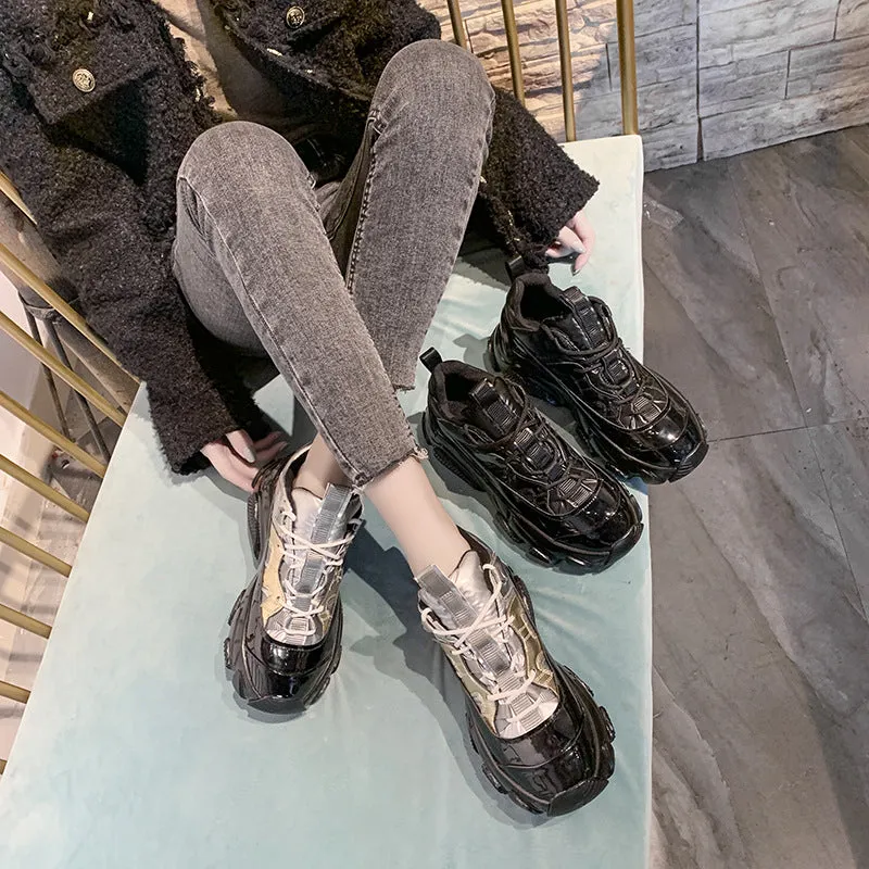 Round Toe Platform Lace-Up Patent Leather Women'S Shoes