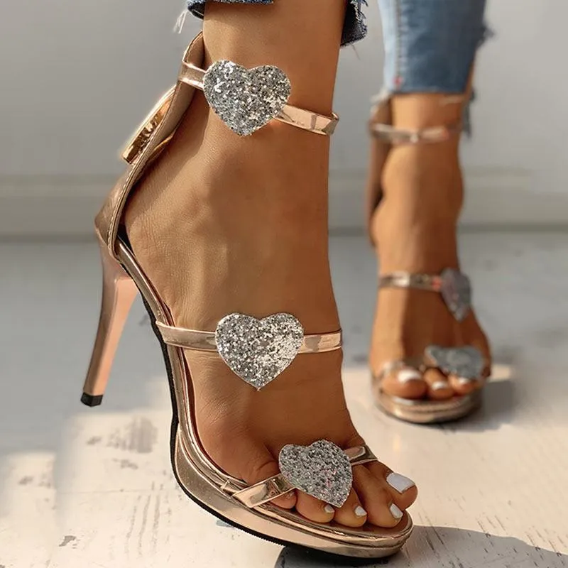 Sequins strap Heart Pattern Thin Heeled Sandals