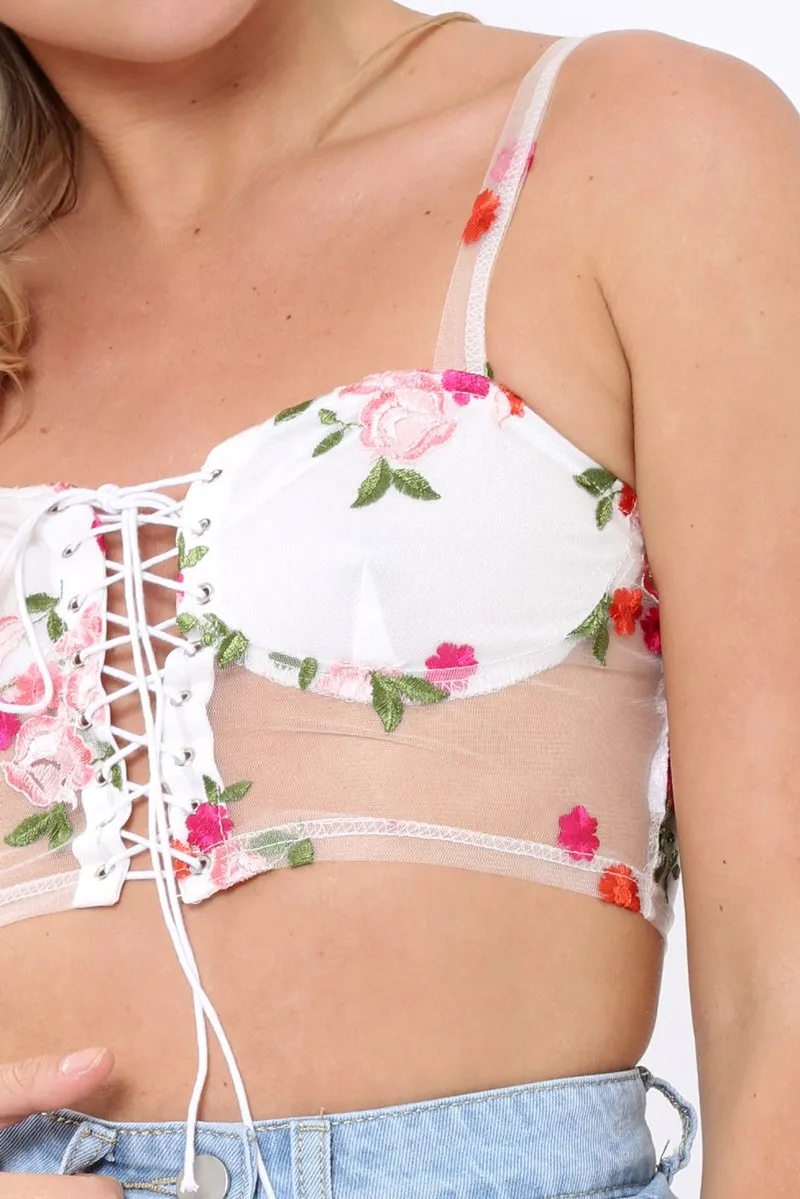 Sheer mesh floral embroidered bralet - Amy