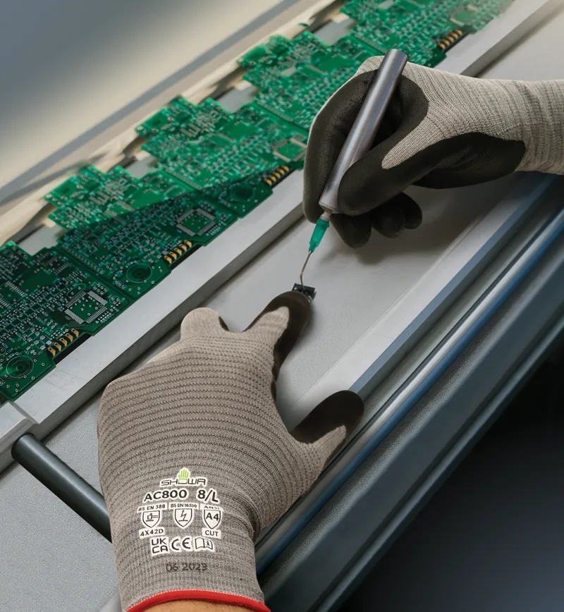 Showa AC800 ANSI A4 Cut Resistant Glove, Microporous Nitrile Coating, 18 Gauge HPPE Anti-Static Conductive Yarn Liner