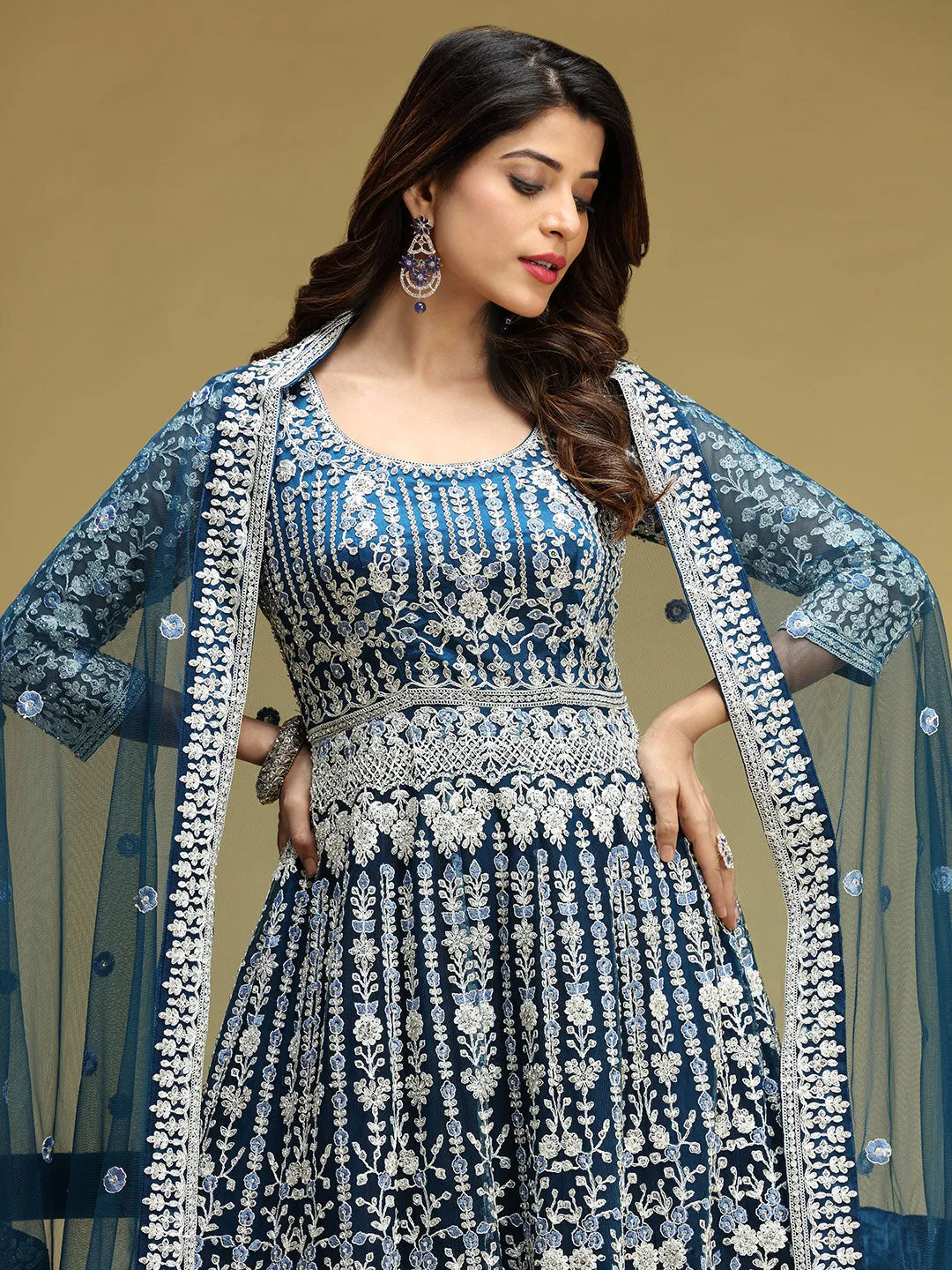 Splendid Stone Work And Embroidered Blue Gown Paired With Net Dupatta