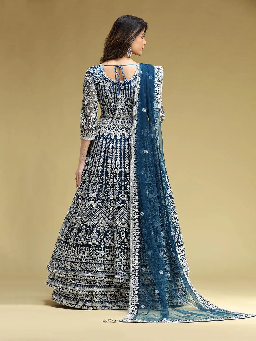 Splendid Stone Work And Embroidered Blue Gown Paired With Net Dupatta