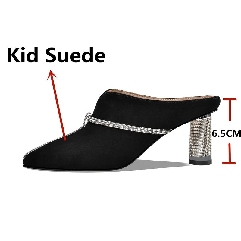 Summer New Casual Fashion Kid Suede Women Sandals Slippers Pumps Mules Rhinestone Pointed Toe High Heels Shoes Woman