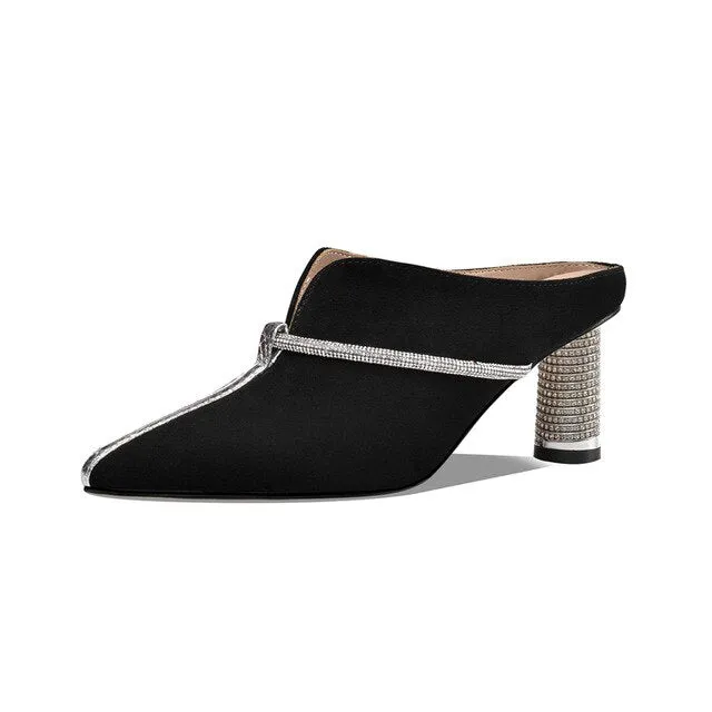 Summer New Casual Fashion Kid Suede Women Sandals Slippers Pumps Mules Rhinestone Pointed Toe High Heels Shoes Woman