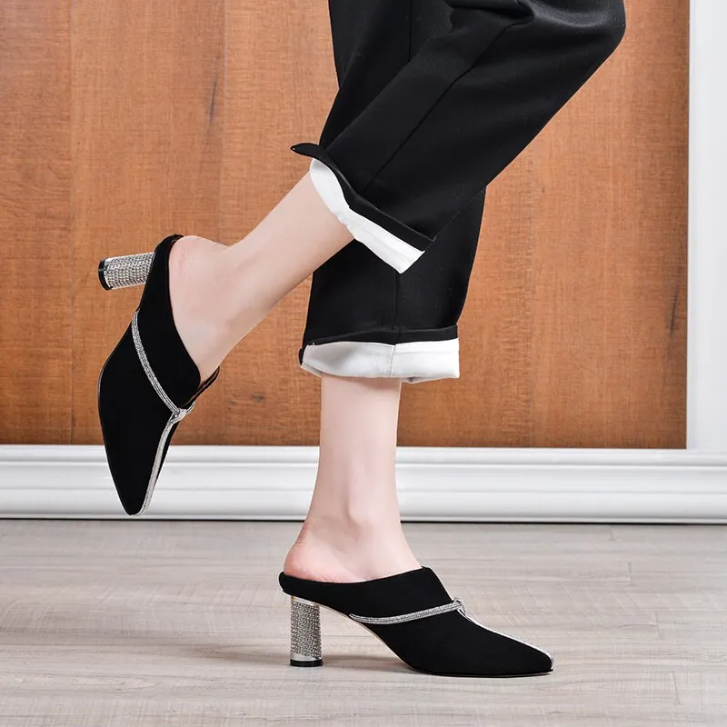 Summer New Casual Fashion Kid Suede Women Sandals Slippers Pumps Mules Rhinestone Pointed Toe High Heels Shoes Woman