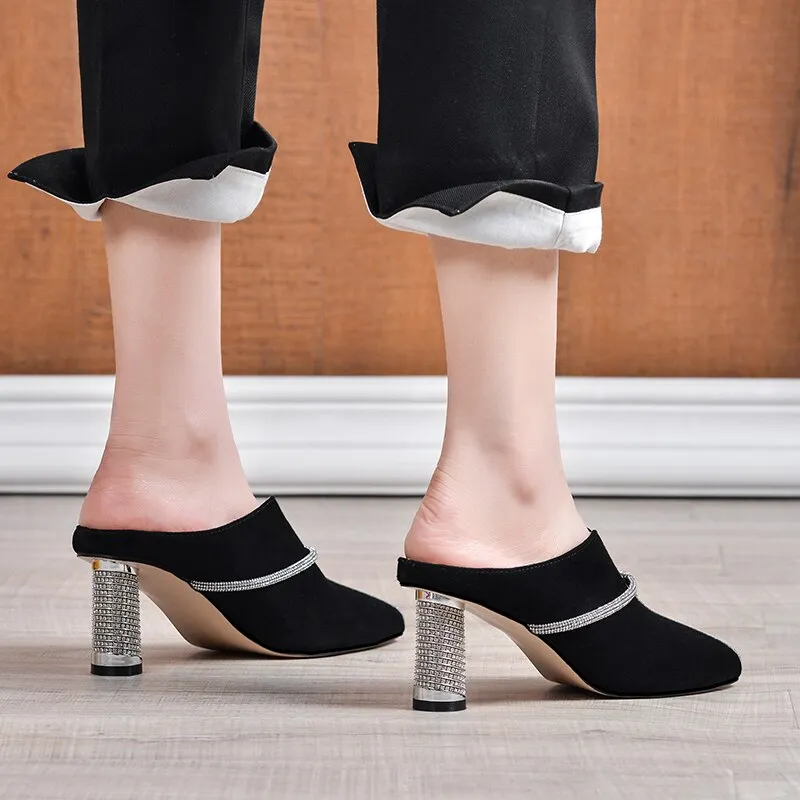 Summer New Casual Fashion Kid Suede Women Sandals Slippers Pumps Mules Rhinestone Pointed Toe High Heels Shoes Woman