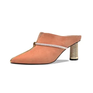 Summer New Casual Fashion Kid Suede Women Sandals Slippers Pumps Mules Rhinestone Pointed Toe High Heels Shoes Woman