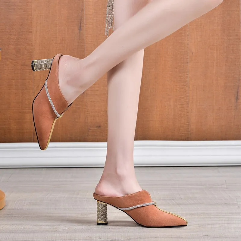 Summer New Casual Fashion Kid Suede Women Sandals Slippers Pumps Mules Rhinestone Pointed Toe High Heels Shoes Woman