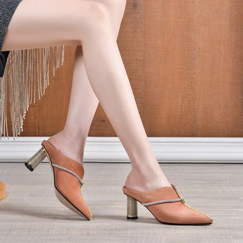 Summer New Casual Fashion Kid Suede Women Sandals Slippers Pumps Mules Rhinestone Pointed Toe High Heels Shoes Woman