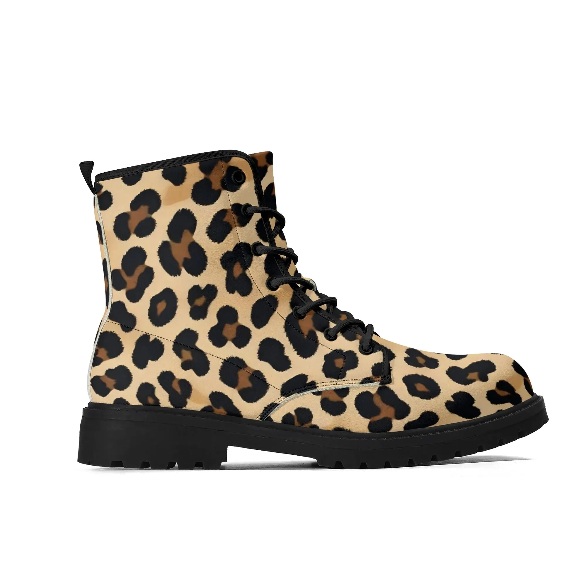 Tan Leopard Print Womens Black Vegan Combat Boots