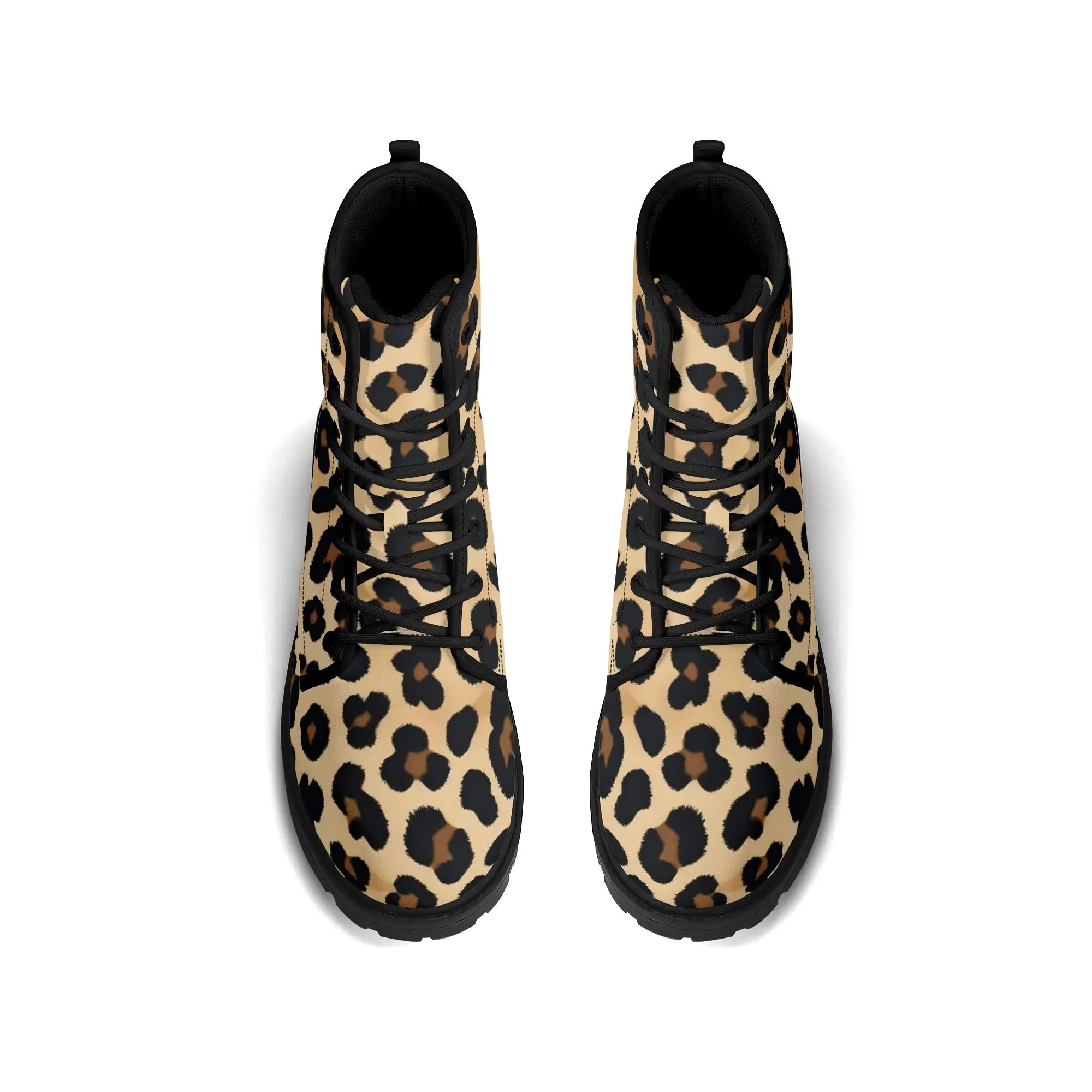 Tan Leopard Print Womens Black Vegan Combat Boots
