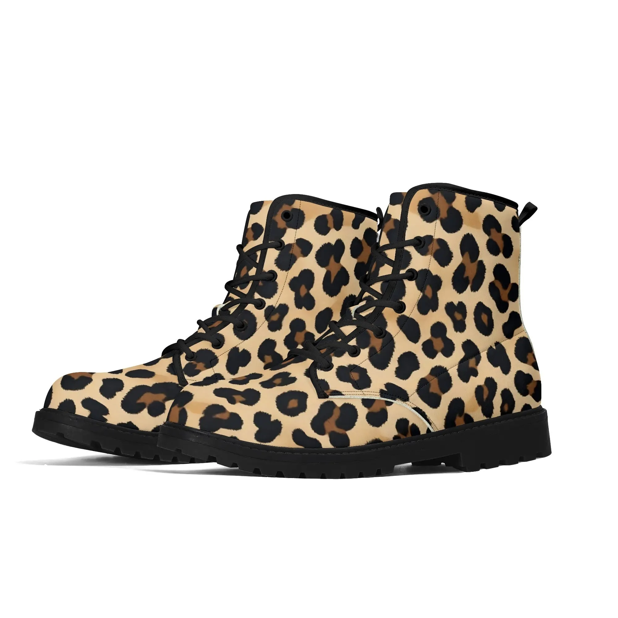 Tan Leopard Print Womens Black Vegan Combat Boots