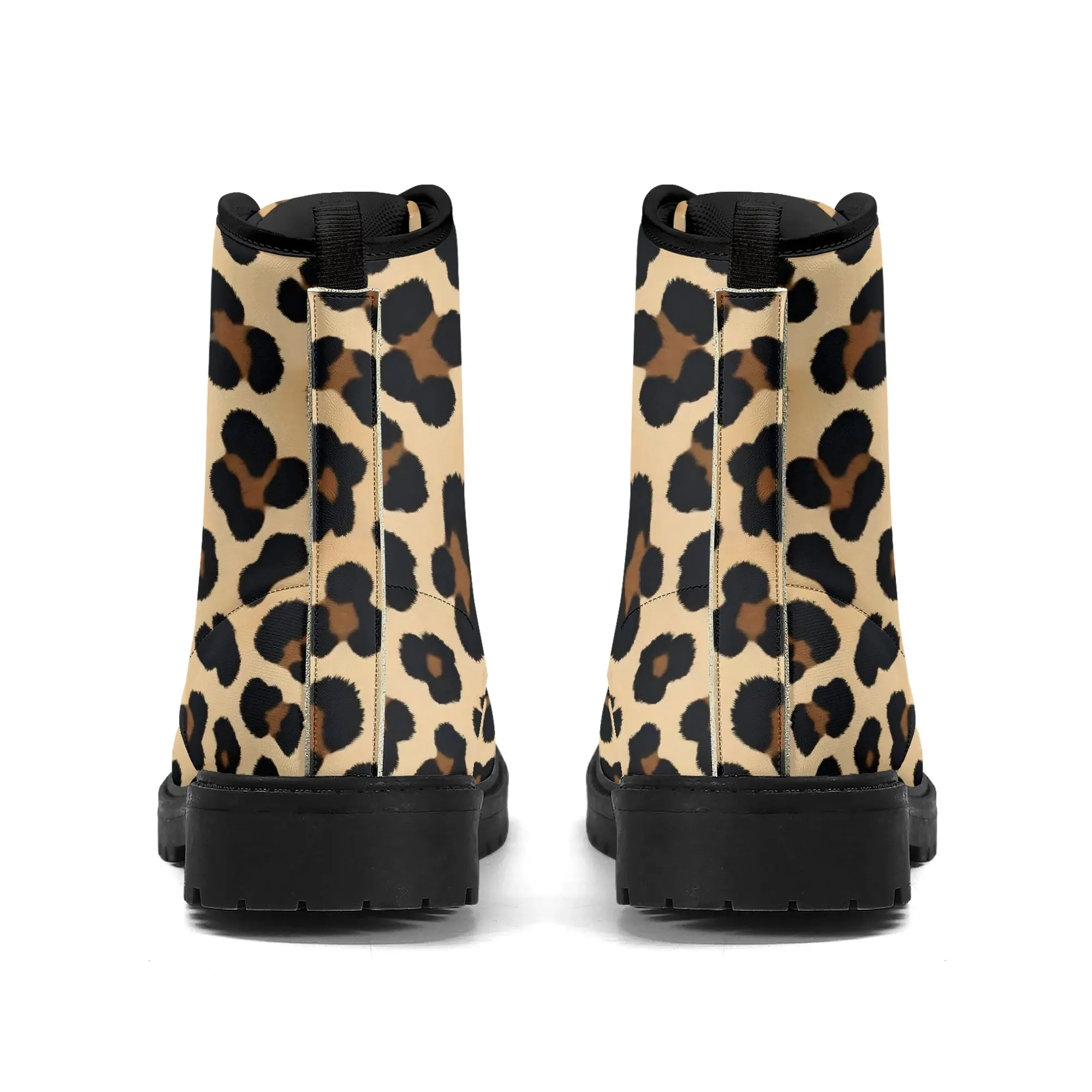 Tan Leopard Print Womens Black Vegan Combat Boots