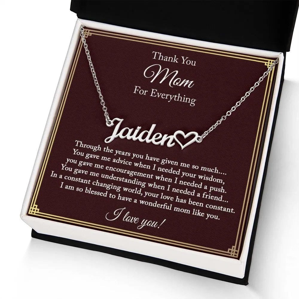 Thank You Mom Necklace, Custom Name Necklace for Mom, Mom Gift from Daughter, Mom Birthday Gift from Son