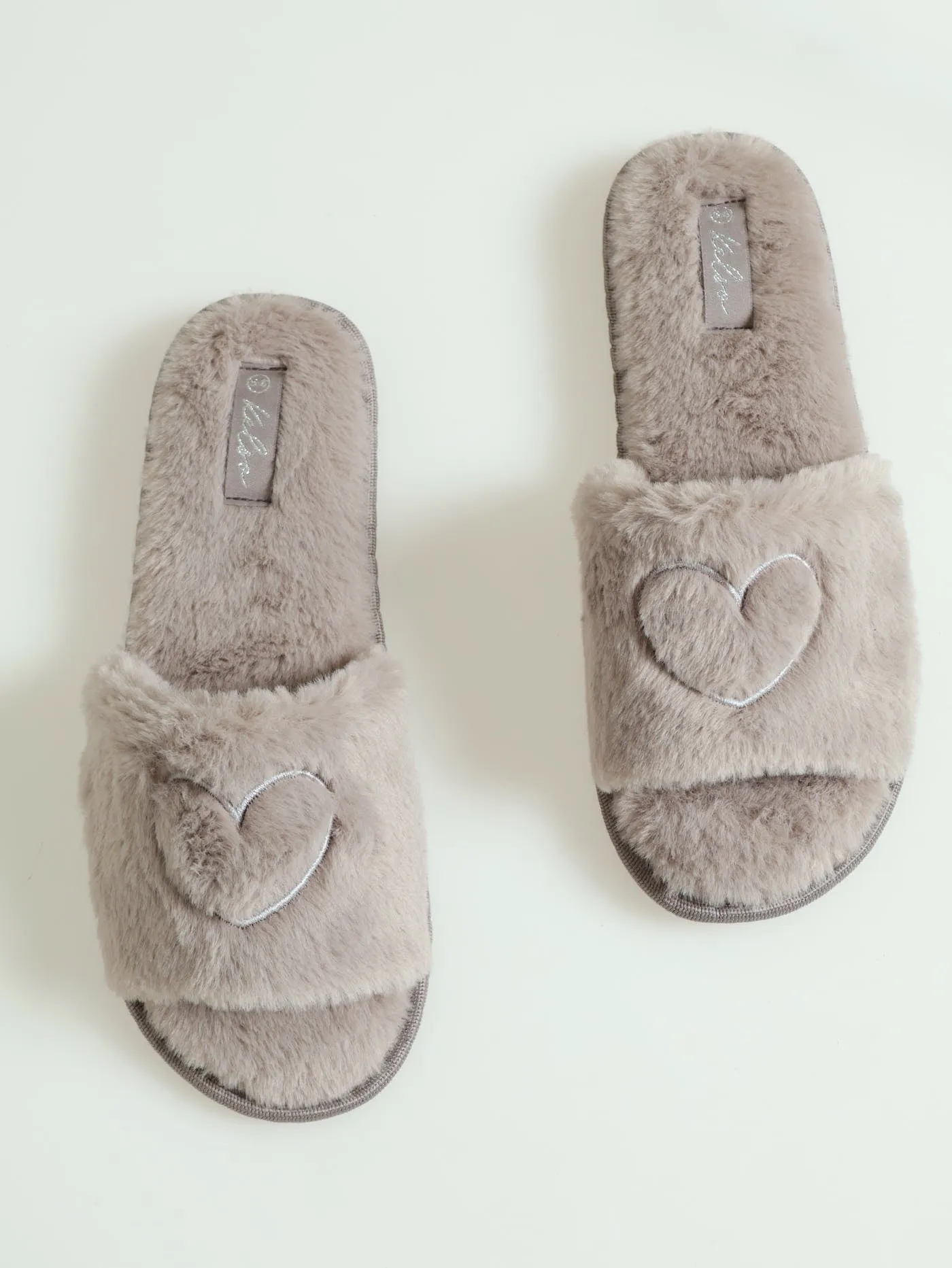 Thin Embroidered Heart Mule Slippers - Taupe