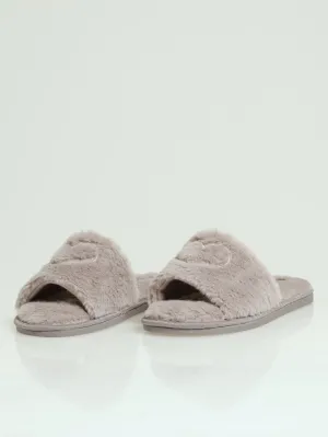 Thin Embroidered Heart Mule Slippers - Taupe