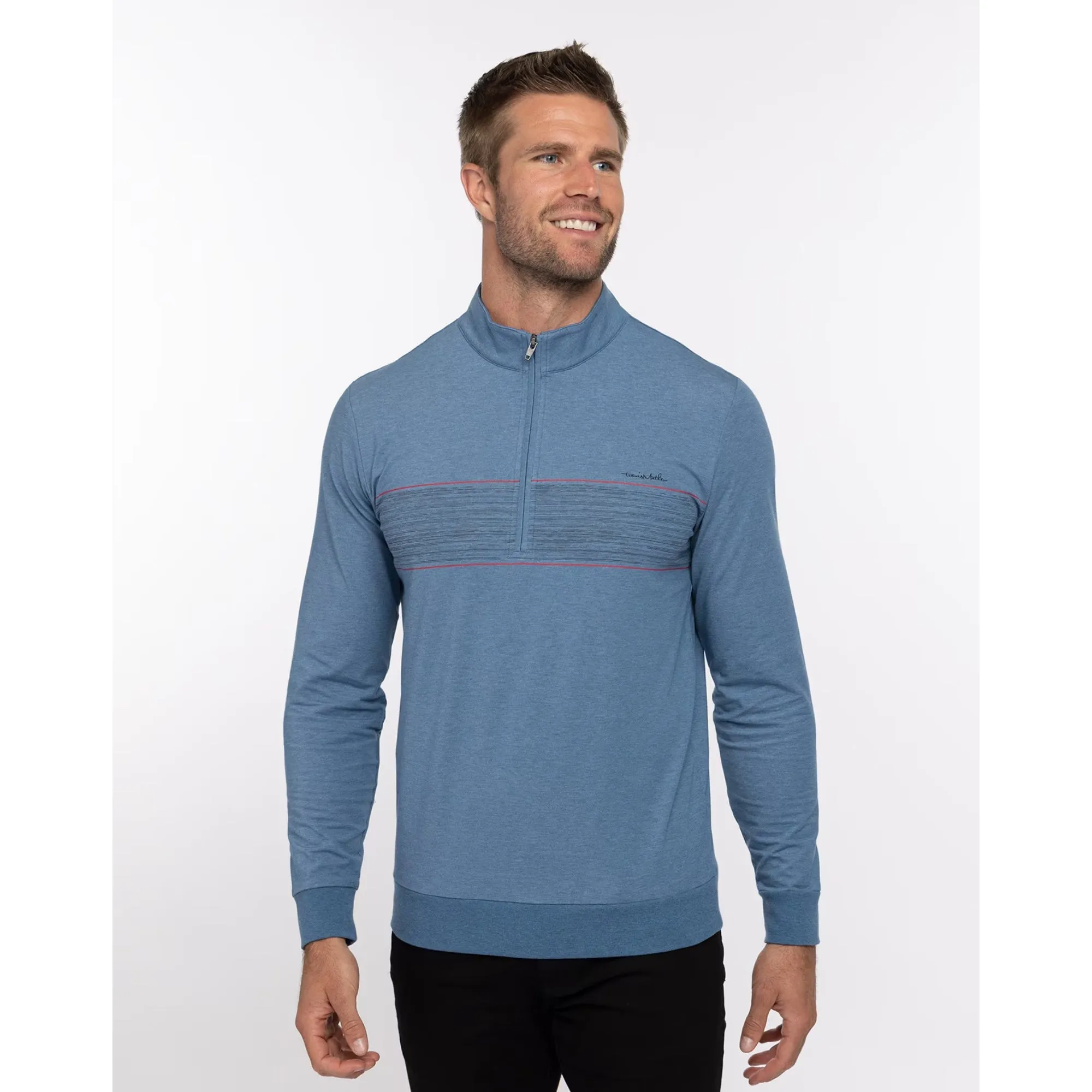 TRAVIS MATHEW MENS SPLASH OF COLOR QUARTER ZIP PULLOVER - HEATHER MID BLUE