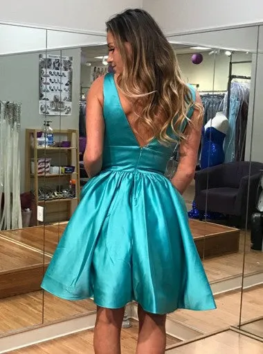 Turquoise V-neck Backless Stain Short Homecoming Dresses With Pocket