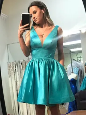 Turquoise V-neck Backless Stain Short Homecoming Dresses With Pocket