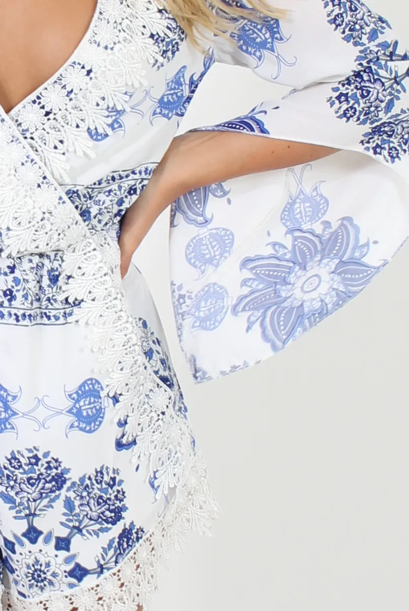 White and Blue Floral Pattern Playsuit - Cassandra