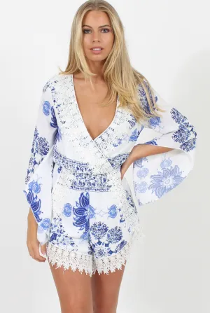 White and Blue Floral Pattern Playsuit - Cassandra