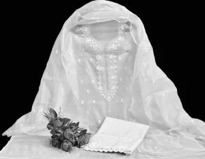 White Hand Embroided Kota Doria Suit Fabric With Dupatta