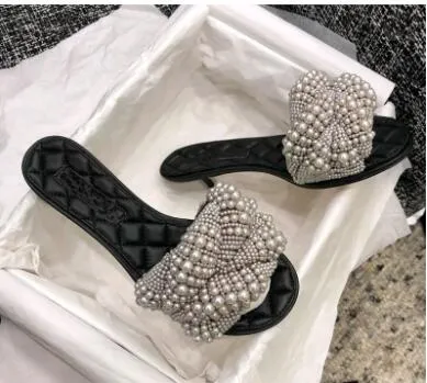 Women FlatSlipper round peep toe women Pearls Flat Slippers Outdoor Mules Flip Flop Beads Slides Beach Shoes Woman Sandalet