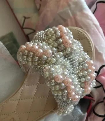 Women FlatSlipper round peep toe women Pearls Flat Slippers Outdoor Mules Flip Flop Beads Slides Beach Shoes Woman Sandalet
