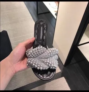 Women FlatSlipper round peep toe women Pearls Flat Slippers Outdoor Mules Flip Flop Beads Slides Beach Shoes Woman Sandalet