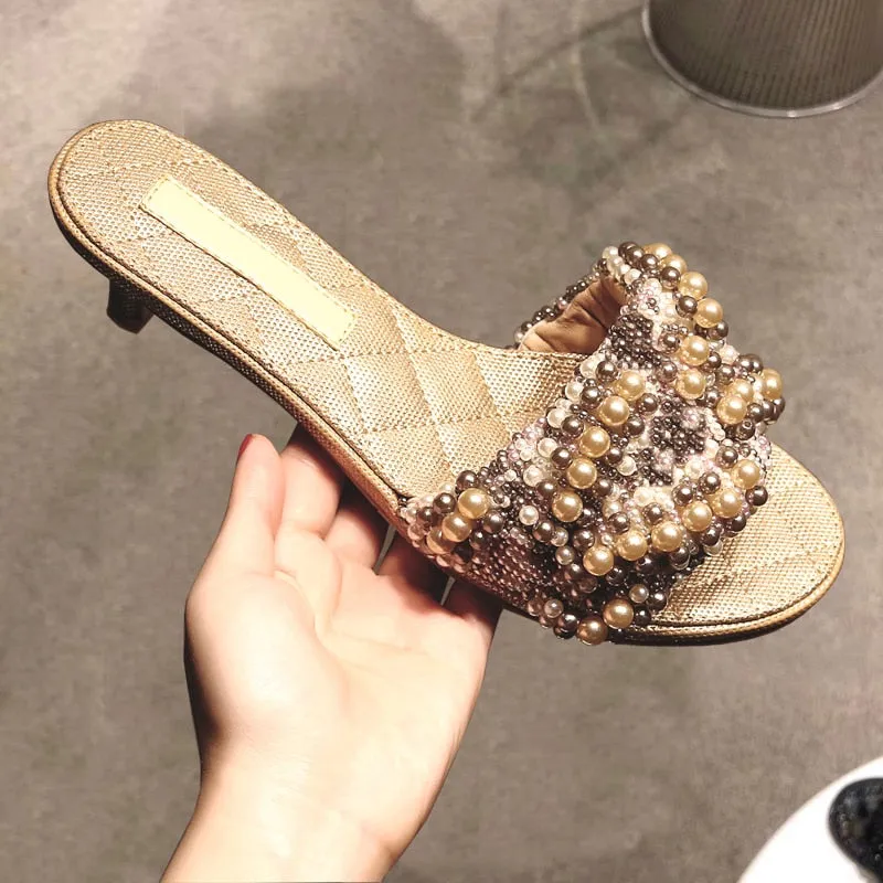 Women FlatSlipper round peep toe women Pearls Flat Slippers Outdoor Mules Flip Flop Beads Slides Beach Shoes Woman Sandalet