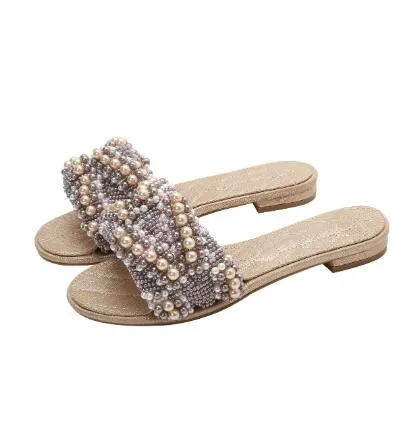 Women FlatSlipper round peep toe women Pearls Flat Slippers Outdoor Mules Flip Flop Beads Slides Beach Shoes Woman Sandalet