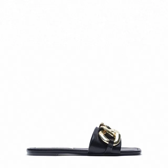 Women Golden Metal Chain Flip Flop