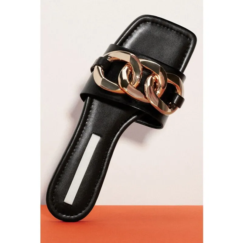 Women Golden Metal Chain Flip Flop