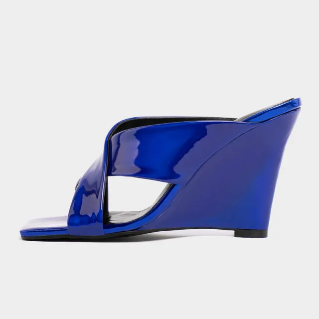 Women Shiny Leather Slippers Peep Toe Wedges Heels
