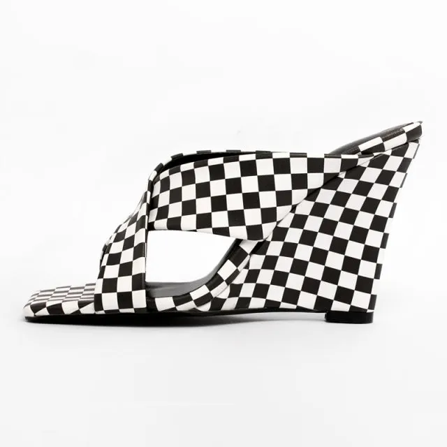 Women Shiny Leather Slippers Peep Toe Wedges Heels