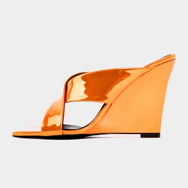 Women Shiny Leather Slippers Peep Toe Wedges Heels