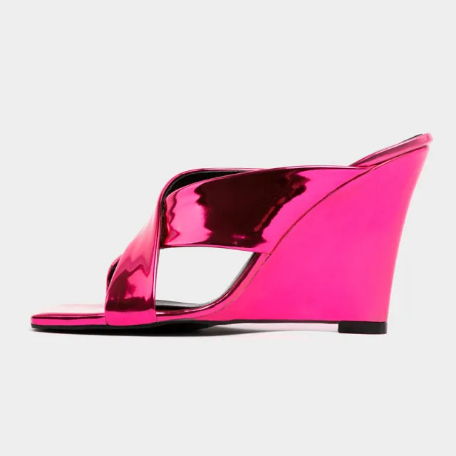 Women Shiny Leather Slippers Peep Toe Wedges Heels