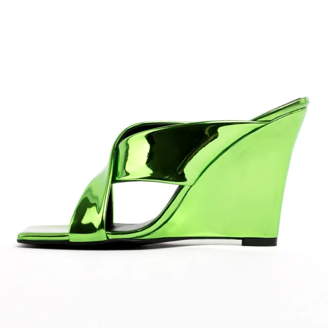 Women Shiny Leather Slippers Peep Toe Wedges Heels