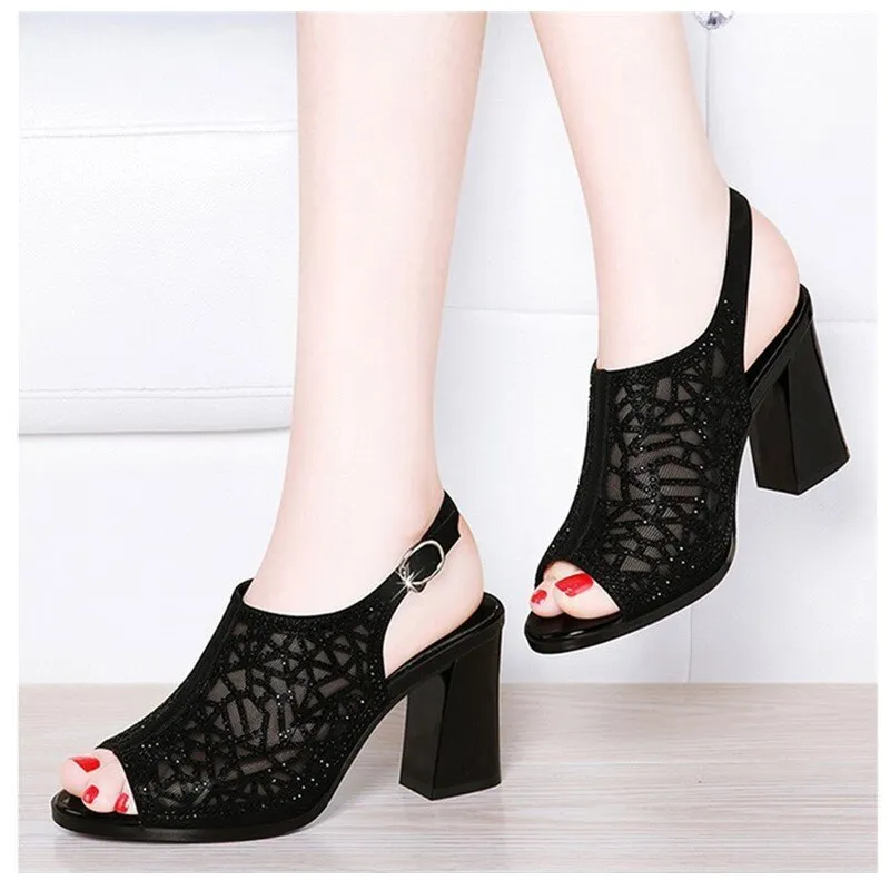 Women Shoes Summer Comforty Platform Sandals Sexy  Mesh Ventilation Piscine Mouth Shoes Elegant Pure Color Hight Heel Sandals