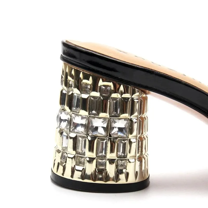 Women Shoes Summer luxury G Sandals Designer Handmade Rhinestone Sandals Black Leather block heel Slipper Shoes Woman
