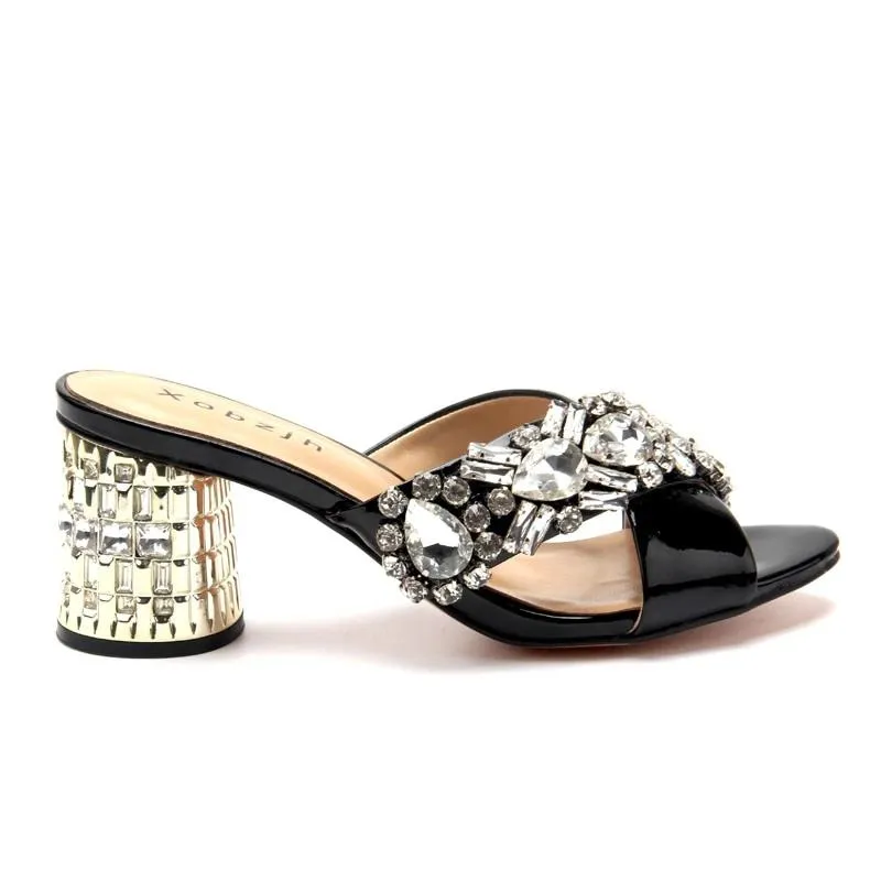 Women Shoes Summer luxury G Sandals Designer Handmade Rhinestone Sandals Black Leather block heel Slipper Shoes Woman