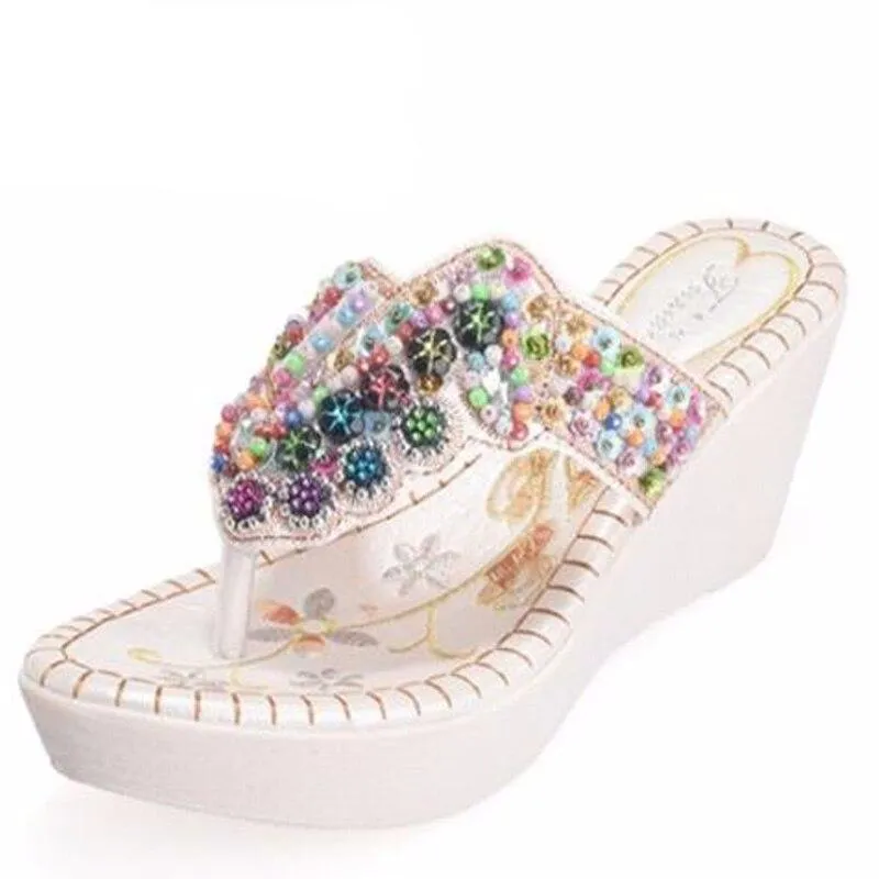 Women Summer Chunky Heels Beading Wedges Platform Retro Slippers  New Arrival Rhinestone Bohemia Style Lady Beach Flip Flops