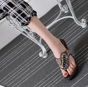 Women Summer Chunky Heels Beading Wedges Platform Retro Slippers  New Arrival Rhinestone Bohemia Style Lady Beach Flip Flops