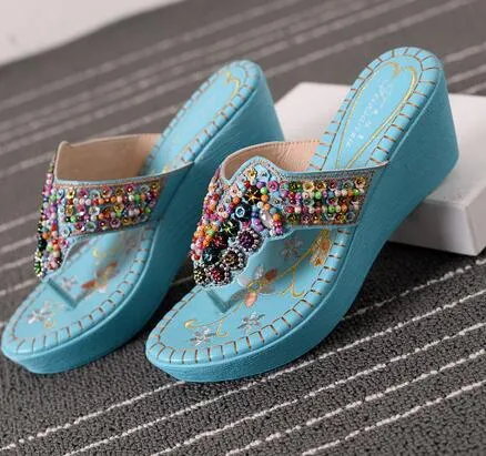 Women Summer Chunky Heels Beading Wedges Platform Retro Slippers  New Arrival Rhinestone Bohemia Style Lady Beach Flip Flops