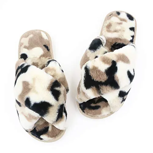 Women's Fuzzy Slippers（Khaki Camouflage）