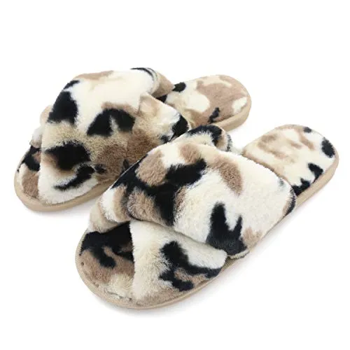 Women's Fuzzy Slippers（Khaki Camouflage）