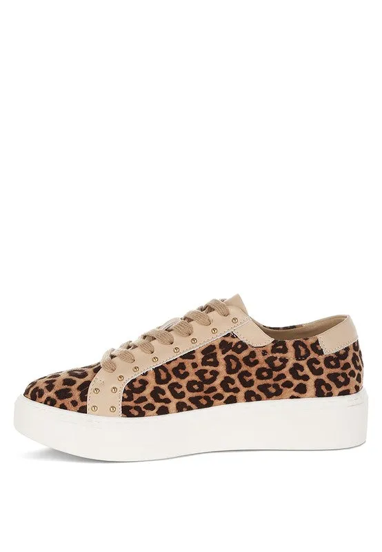 Women's Studded Leopard Print Chunky Leather Sneakers