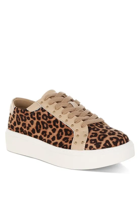 Women's Studded Leopard Print Chunky Leather Sneakers