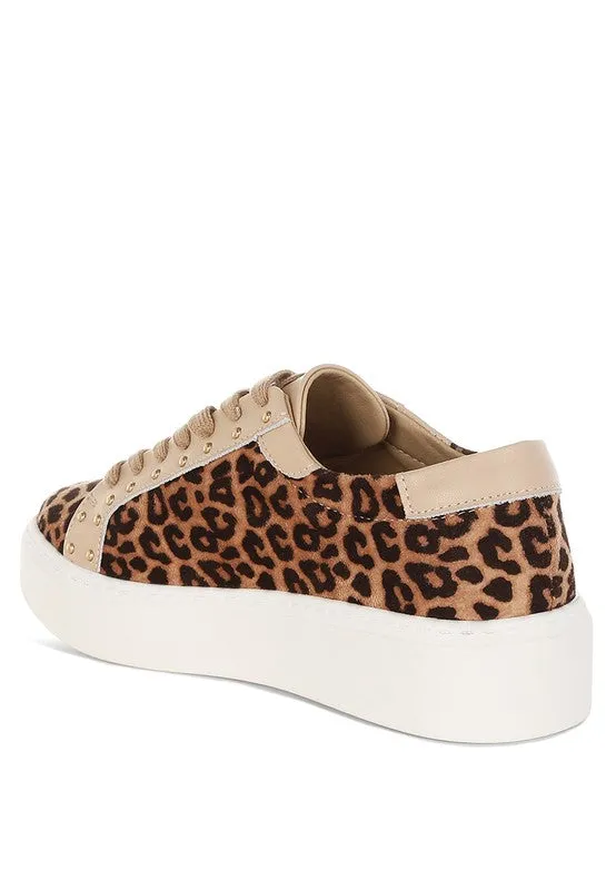 Women's Studded Leopard Print Chunky Leather Sneakers