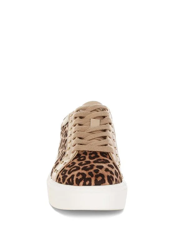 Women's Studded Leopard Print Chunky Leather Sneakers